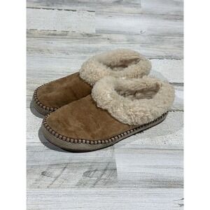 UGG Tasman Slippers Women 9 Chestnut Suede Sheepskin Fur Trim GUC